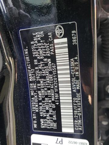 4T1BF1FK2CU115567 - 2012 TOYOTA CAMRY BASE Siyah fotoğraf 12