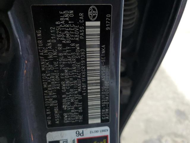 4T4BF1FK6CR191363 - 2012 TOYOTA CAMRY BASE GRAY photo 12