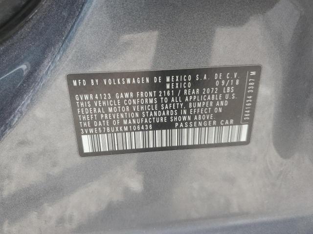 3VWE57BUXKM106436 - 2019 VOLKSWAGEN JETTA SEL Մոխրագույն լուսանկար 12