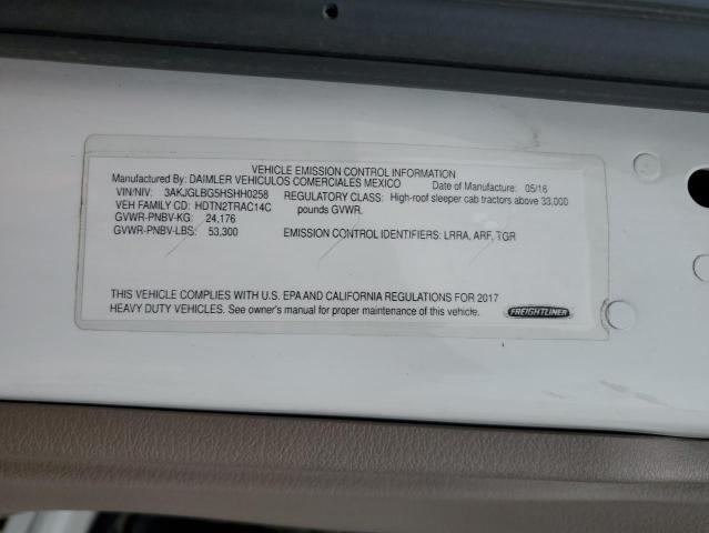 3AKJGLBG5HSHH0258 - 2017 FREIGHTLINER CASCADIA 1 Blanco foto 10