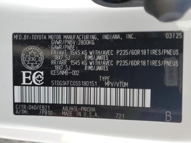 5TDGSKFC0SS180151 - 2025 TOYOTA SIENNA LE أبيض صورة 13