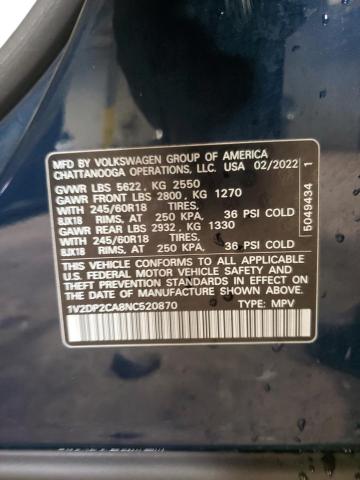 1V2DP2CA8NC520870 - 2022 VOLKSWAGEN ATLAS SE Синій фото 14