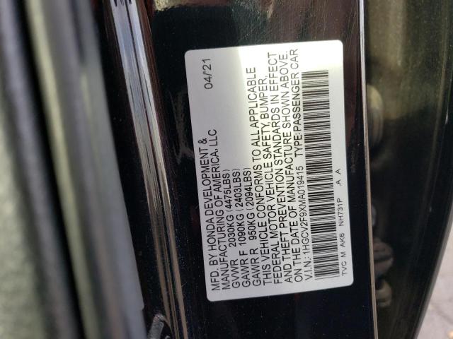 1HGCV2F9XMA019415 - 2021 HONDA ACCORD TOURING BLACK photo 12