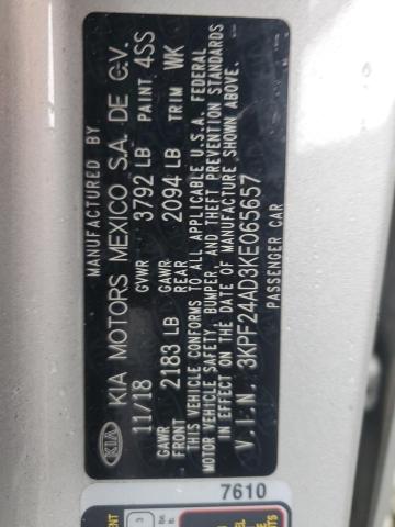 3KPF24AD3KE065657 - 2019 KIA FORTE FE Серебристый фото 12