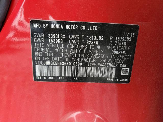 JHMGK5H53GX010690 - 2016 HONDA FIT LX წითელი ფოტო 12