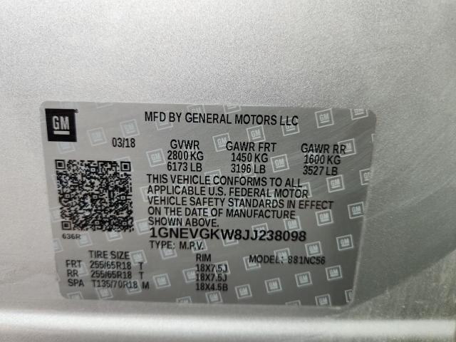 1GNEVGKW8JJ238098 - 2018 CHEVROLET TRAVERSE LT Gümüş foto 14