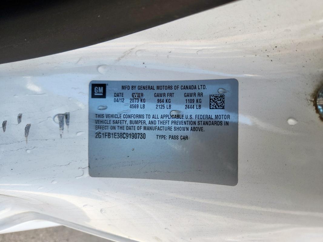 2G1FB1E38C9190730 - 2012 CHEVROLET CAMARO LT أبيض صورة 12