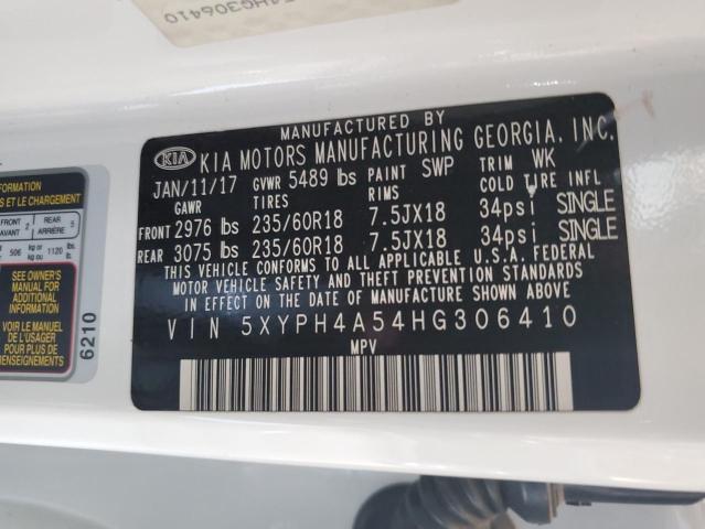 5XYPH4A54HG306410 - 2017 KIA SORENTO EX WHITE photo 12