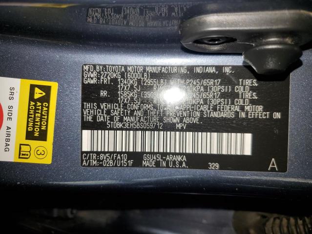 5TDBK3EH5BS059712 - 2011 TOYOTA HIGHLANDER BASE Bleu photo 14
