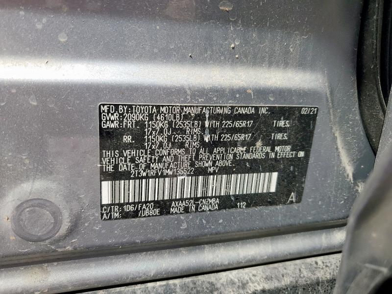 2T3W1RFV1MW135522 - 2021 TOYOTA RAV4 XLE SILVER photo 13