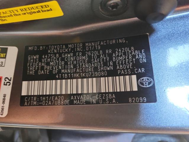4T1B11HK1KU739080 - 2019 TOYOTA CAMRY L Сұр фото 12