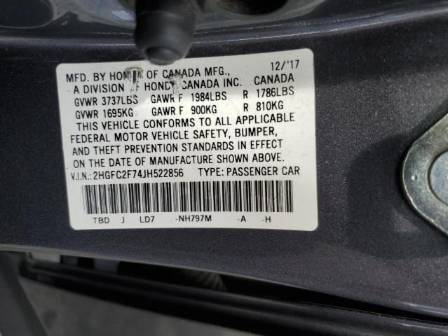 2HGFC2F74JH522856 - 2018 HONDA CIVIC EX Сұр фото 13