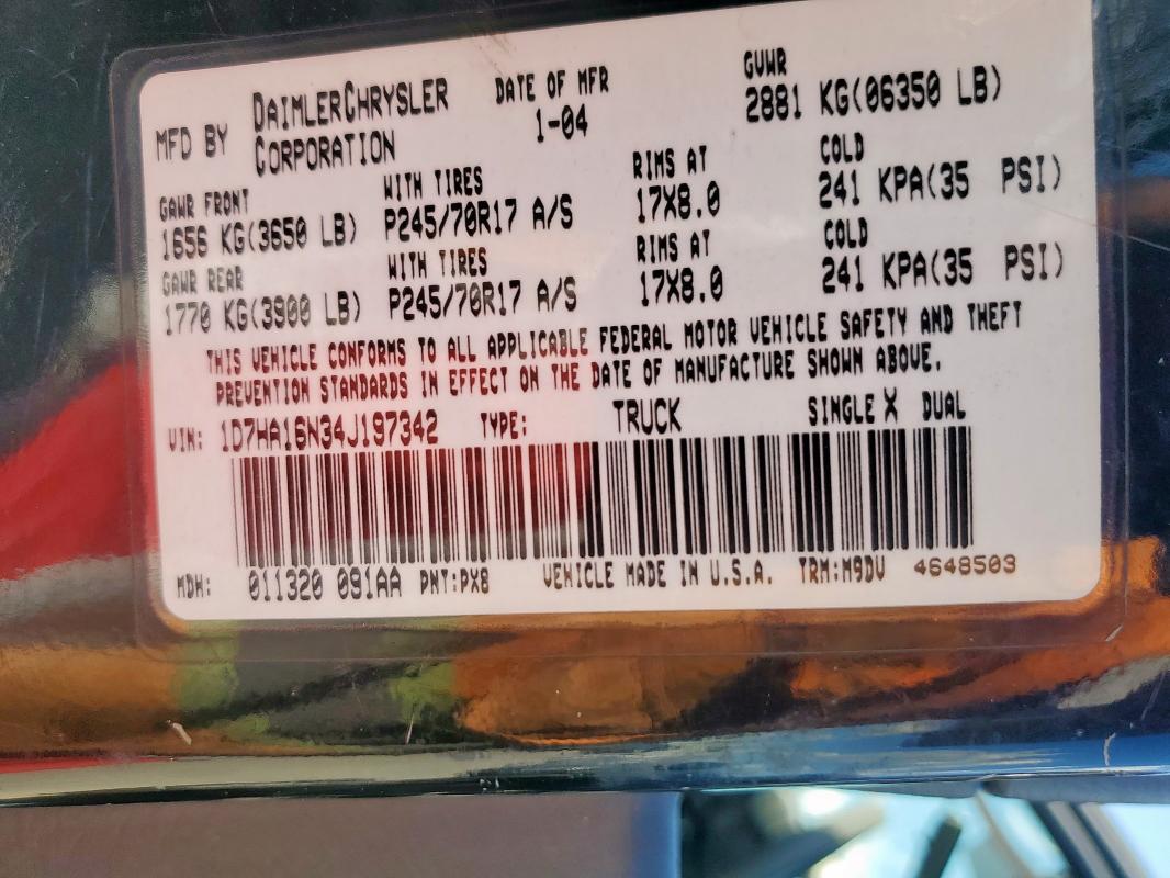 1D7HA16N34J197342 - 2004 DODGE RAM 1500 ST BLACK photo 12