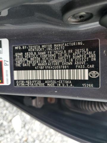 4T1BF1FK4CU097881 - 2012 TOYOTA CAMRY BASE გრაფიტი ფოტო 12