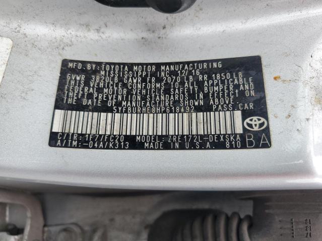 5YFBURHE8HP618492 - 2017 TOYOTA COROLLA L SILVER photo 13