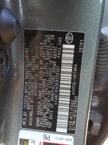4T4BF1FK3CR239367 - 2012 TOYOTA CAMRY BASE ნაცრისფერი ფოტო 12
