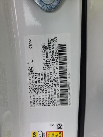 1HGCV1F38NA038181 - 2022 HONDA ACCORD SPORT თეთრი ფოტო 12
