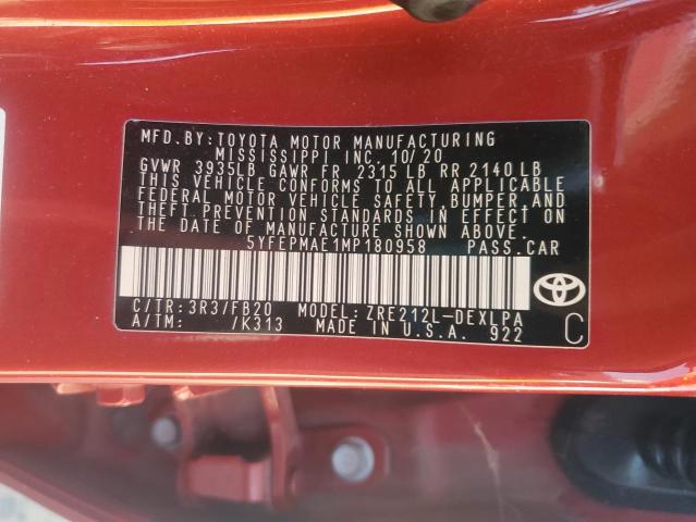 5YFEPMAE1MP180958 - 2021 TOYOTA COROLLA LE მუქწითელი ფოტო 12