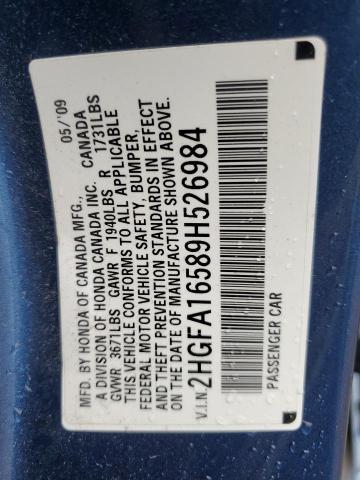 2HGFA16589H526984 - 2009 HONDA CIVIC LX ლურჯი ფოტო 12