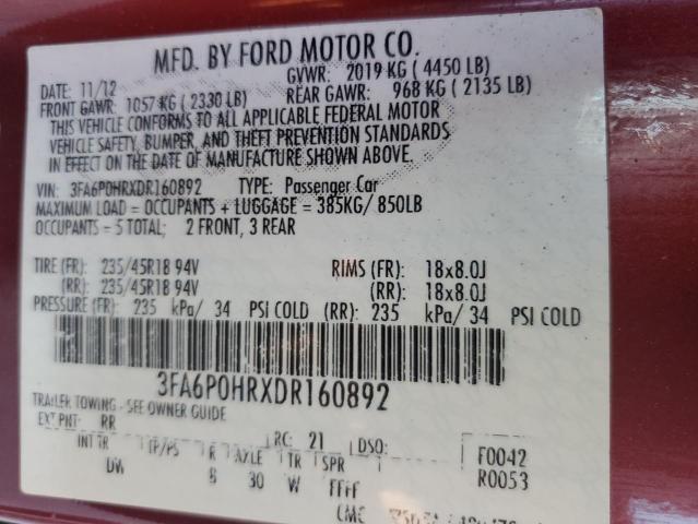 3FA6P0HRXDR160892 - 2013 FORD FUSION SE BURGUNDY photo 12