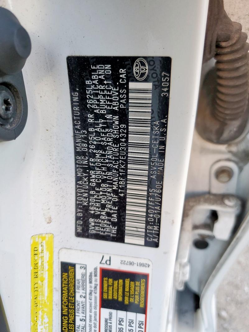 4T1BF1FK7EU304329 - 2014 TOYOTA CAMRY L WHITE photo 12