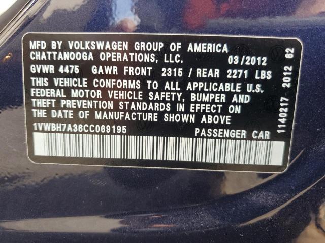 1VWBH7A36CC069195 - 2012 VOLKSWAGEN PASSAT SE Mavi fotoğraf 12