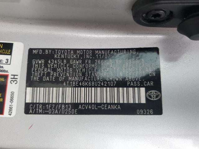 4T1BE46K68U242107 - 2008 TOYOTA CAMRY CE 银色 照片 12