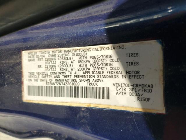 5TEWN72N74Z361020 - 2004 TOYOTA TACOMA XTRACAB BLUE photo 12