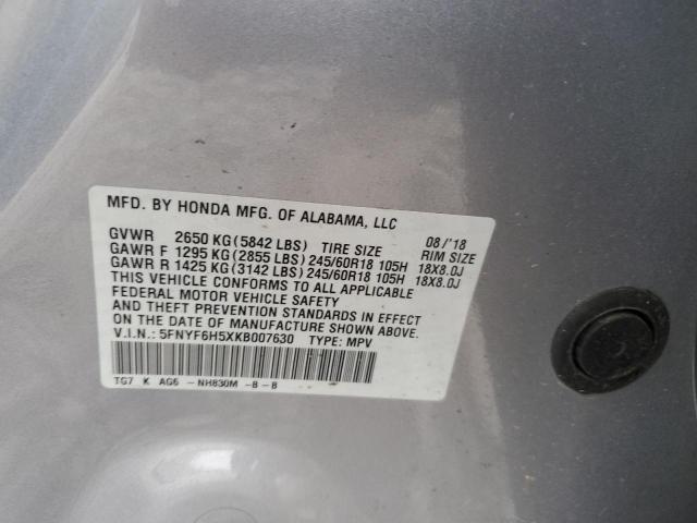 5FNYF6H5XKB007630 - 2019 HONDA PILOT EXL Сріблястий фото 13