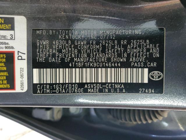 4T1BF1FK9CU146444 - 2012 TOYOTA CAMRY BASE 灰色 照片 13