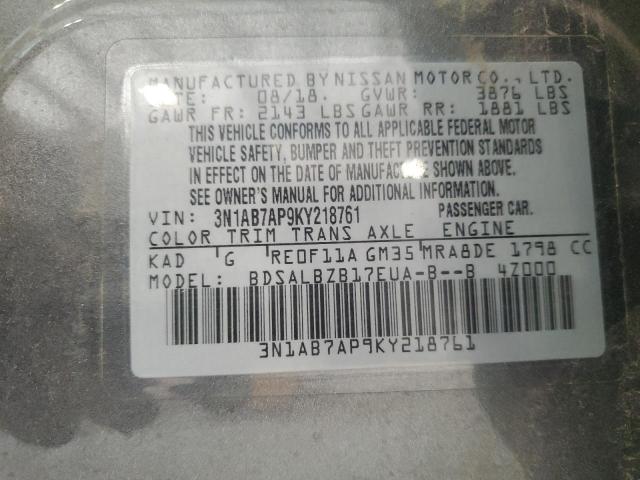 3N1AB7AP9KY218761 - 2019 NISSAN SENTRA S Boz foto 12