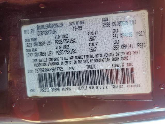 1B7GG22N4YS610725 - 2000 DODGE DAKOTA Tünd qırmızı foto 12