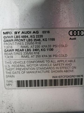 WA1EFCFSXGR019976 - 2016 AUDI Q3 PREMIUM PLUS Серебристый фото 13