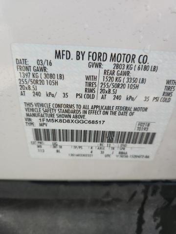 1FM5K8D8XGGC68517 - 2016 FORD EXPLORER XLT Ağ foto 13