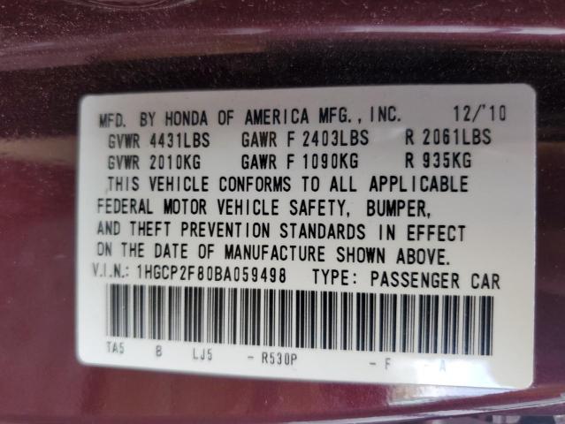 1HGCP2F80BA059498 - 2011 HONDA ACCORD EXL Burdeos foto 12