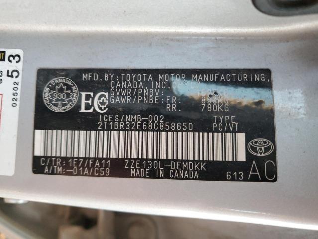 2T1BR32E68C858650 - 2008 TOYOTA COROLLA CE SILVER photo 12