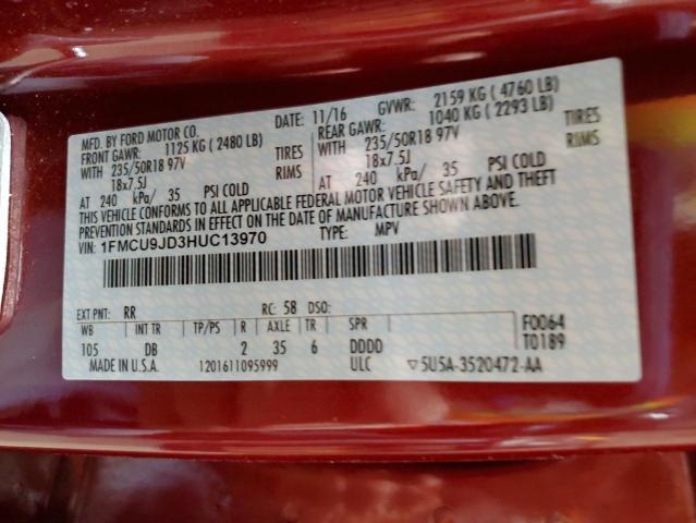 1FMCU9JD3HUC13970 - 2017 FORD ESCAPE TITANIUM BURGUNDY photo 13