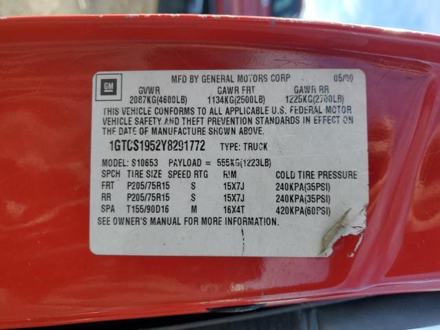 1GTCS1952Y8291772 - 2000 GMC SONOMA RED photo 12