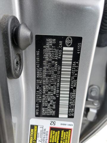 4T1B11HK4KU210187 - 2019 TOYOTA CAMRY L SILVER photo 12