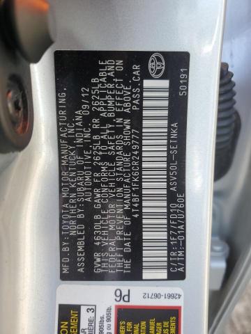 4T4BF1FK6CR249777 - 2012 TOYOTA CAMRY BASE ვერცხლისფერი ფოტო 12