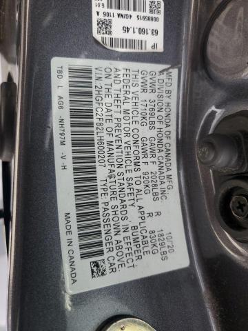 2HGFC2F82LH600207 - 2020 HONDA CIVIC SPORT ნაცრისფერი ფოტო 12