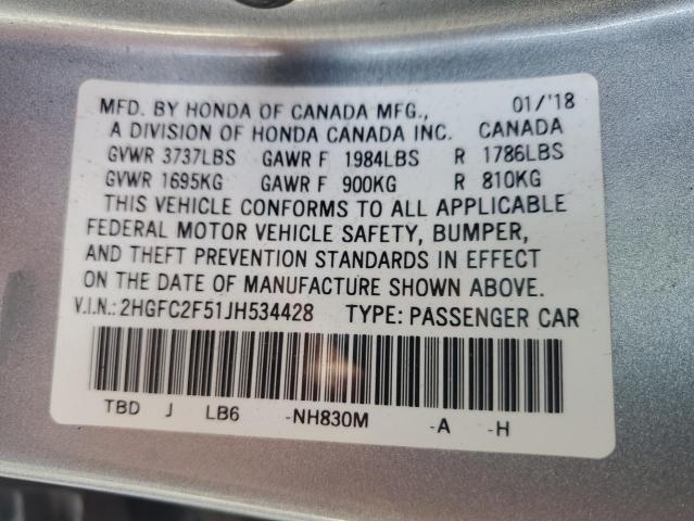 2HGFC2F51JH534428 - 2018 HONDA CIVIC LX ვერცხლისფერი ფოტო 13