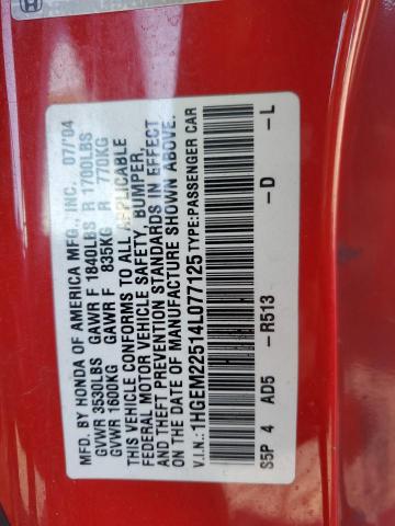 1HGEM22514L077125 - 2004 HONDA CIVIC LX RED photo 12