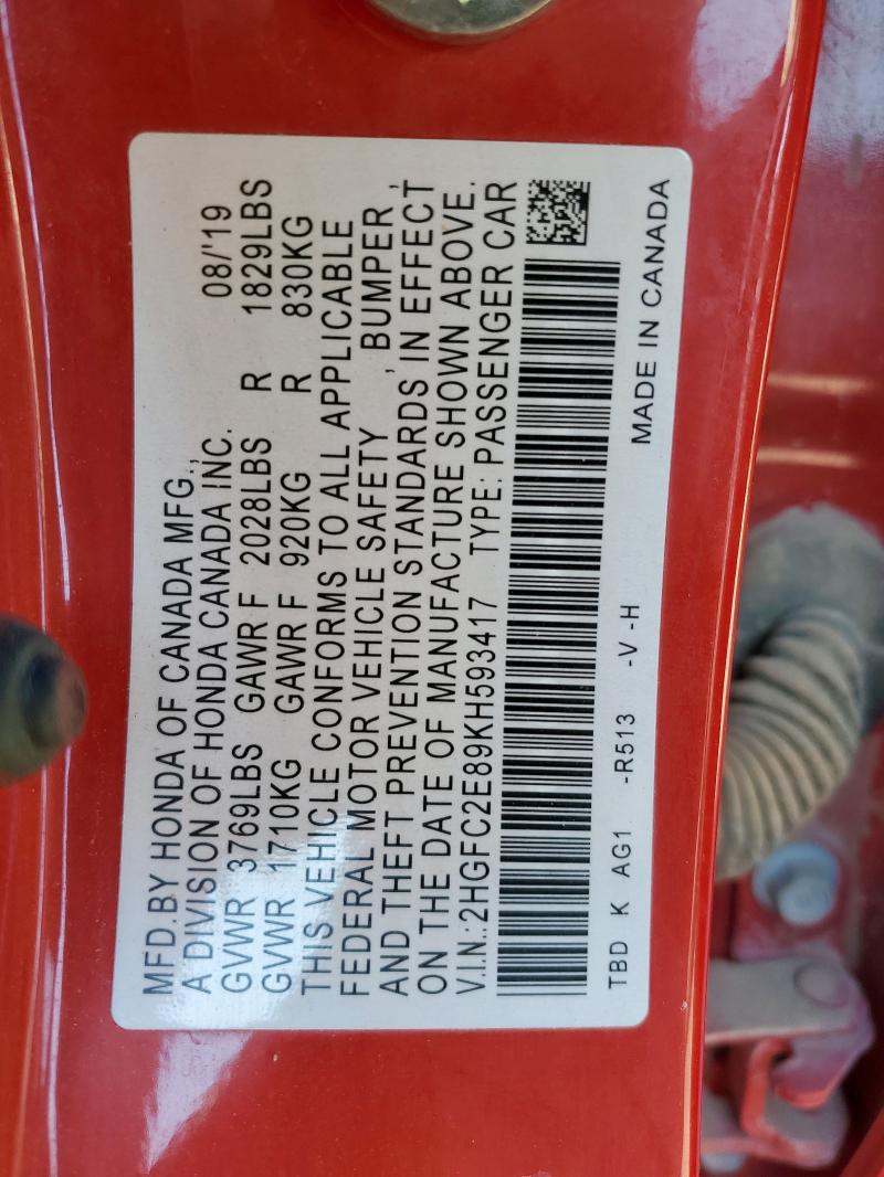 2HGFC2E89KH593417 - 2019 HONDA CIVIC SPORT Қызыл фото 12