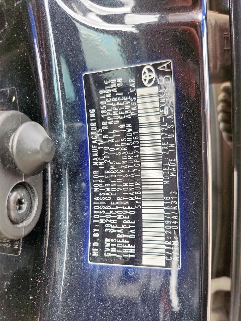 5YFBURHE7GP421361 - 2016 TOYOTA COROLLA L BLACK photo 12