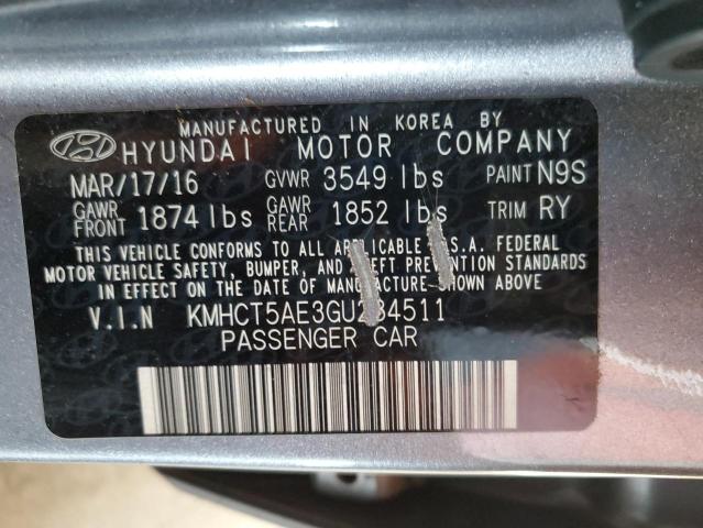 KMHCT5AE3GU284511 - 2016 HYUNDAI ACCENT SE GRAY photo 12