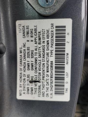 2HGFB2F89DH508984 - 2013 HONDA CIVIC EX Մոխրագույն լուսանկար 13