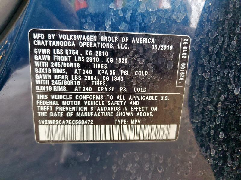 1V2WR2CA7KC568472 - 2019 VOLKSWAGEN ATLAS SE Синий фото 13
