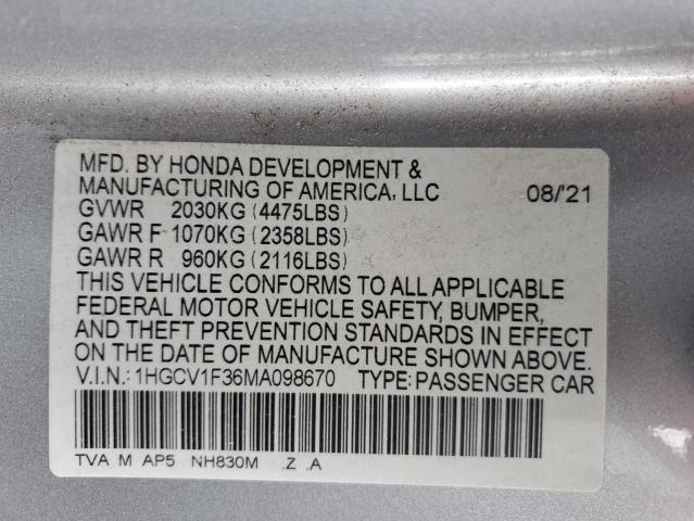 1HGCV1F36MA098670 - 2021 HONDA ACCORD SPORT SILVER photo 13