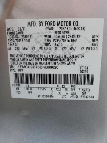 1FMCU9D76BKB69620 - 2011 FORD ESCAPE XLT SILVER photo 13
